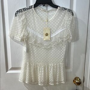Cream Ruffled Peplum Blouse with Bib Collar